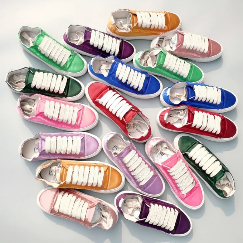 Niche Real  Satin Soft Leather Soft Bottom Candy Rainbow Color Casual Sports Canvas Sneakers Women