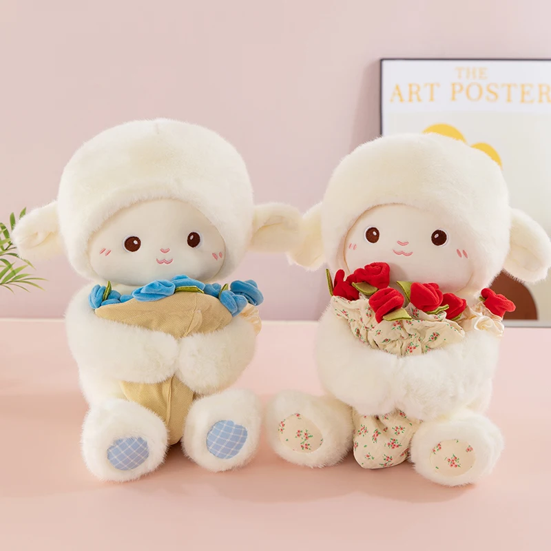 A White Little Sheep Plush Toy with a Flower Hat That Is 9inch Centimeters Tall and Has Magnetic Hands That Can Hold the Flower Hat. the Flower Hat Is Detachable and Can Be Used as a White Little Sheep Hat. It Is a Popular Choice for Girls' Decorations and Gifts