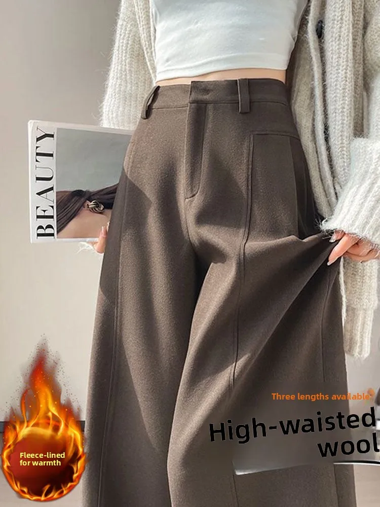กางเกงขายาวทรงตรงเอวสูงผ้าวูลสำหรับผู้หญิง ฤดูใบไม้ร่วง ฤดูหนาว รุ่นใหม่ บุขนเฟลซ ทรงเข้ารูป สไตล์ลำลอง กางเกงขากว้างสำหรับใส่ทำงาน