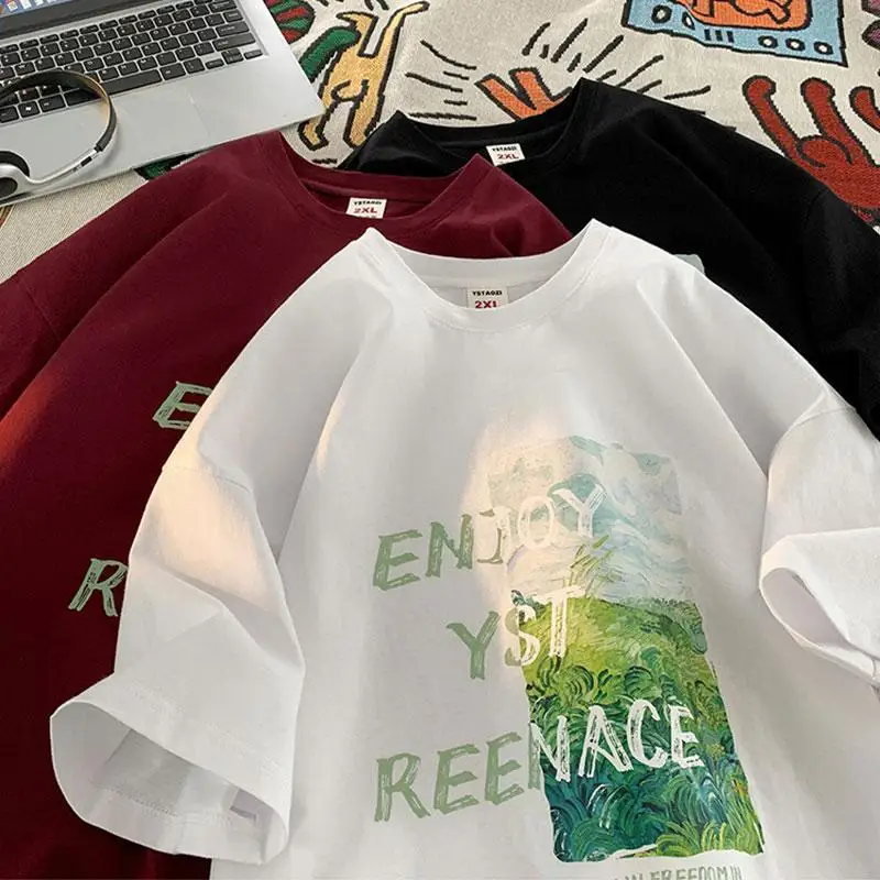 2025 Summer Letter Print T Shirt for Women 220G Pure Cotton Tees Harajuku Oversized T-shirts Y2k Tops UNISEX Hip Hop Streetwear