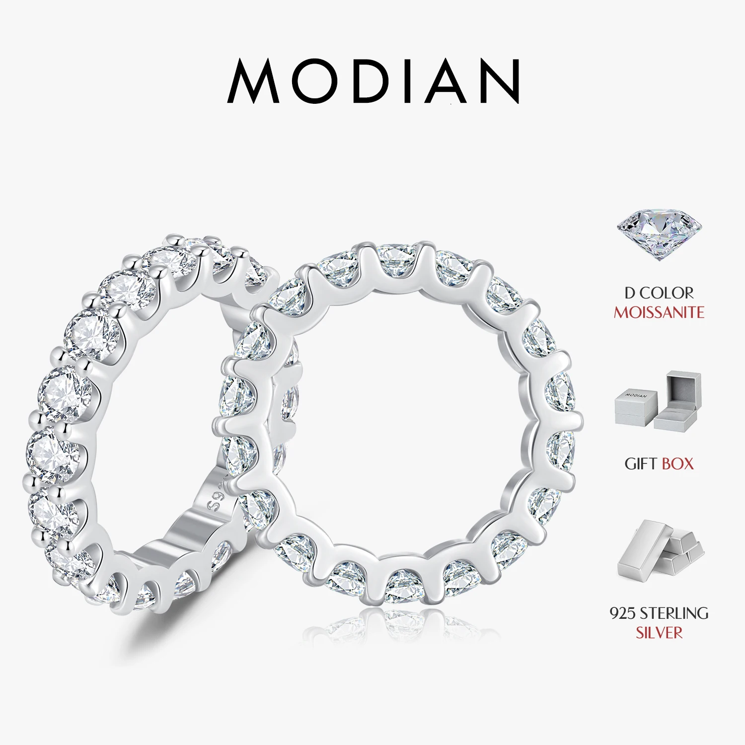 MODIAN D Color Moissanite Dazzling Ring 925 Sterling Silver Luxury Round Eternity Band Rings For Women Wedding Fine Jewelry Gift