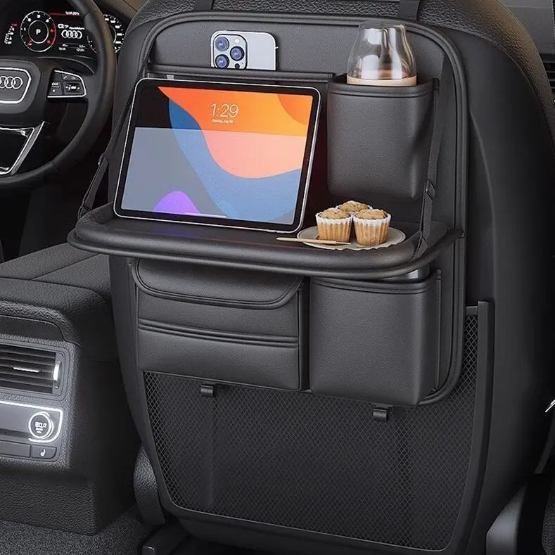 Auto-Rücksitz-Aufbewahrungstasche aus Leder, Rücksitz-Aufbewahrungsbox im Tischstil, hängende Tasche für die Autositzlehne, schmutzabweisende Matte – Detail 2