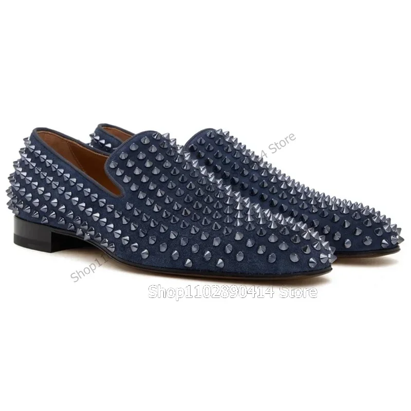 

Jewelry Blue Rivets Decor Square Toe Men Loafers Fashion Slip On Men Shoes Luxury Handmade Party Banquet Office Men Dress Shoes
