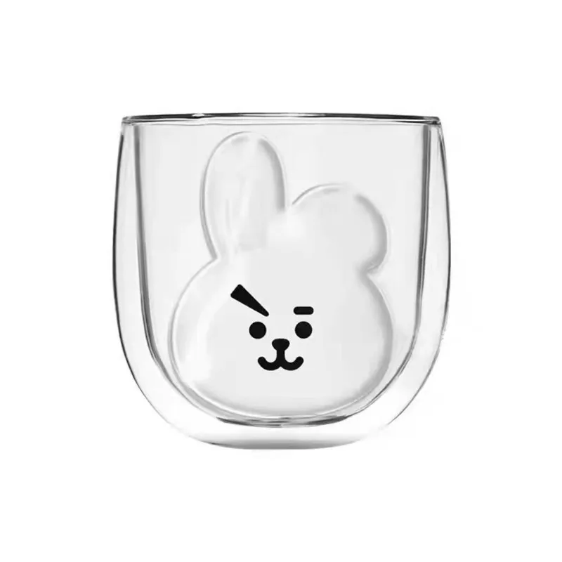 애니메이션 BT21 투명 유리 컵 이중층 열 보호 CHIMMY COOKY 밀크 커피 가정용 컵