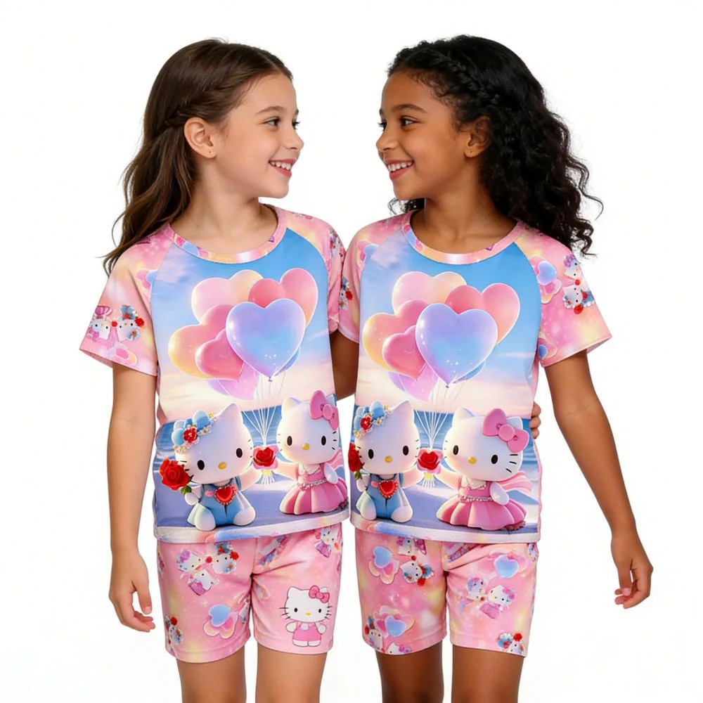 Conjuntos de Pijamas Hello Kitty para Meninas, Pijamas de Verão com Manga Curta, Roupas de Dormir para Crianças, Pijamas Infantis com Animais