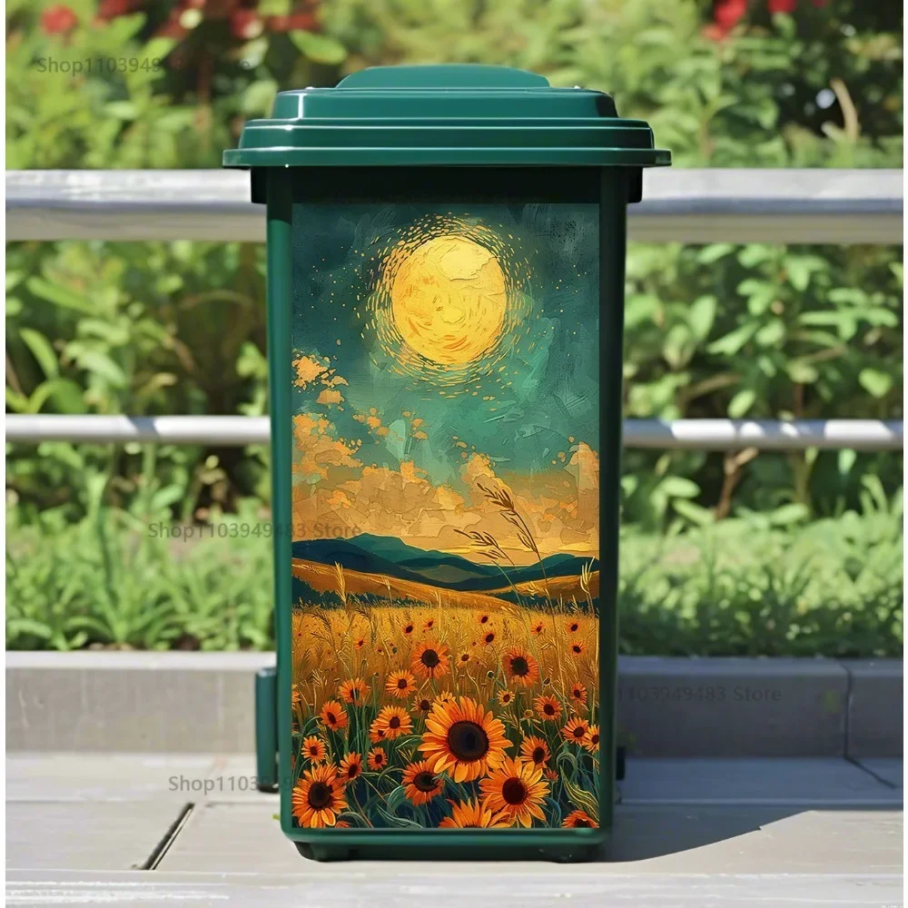 Sunflower Oil Painting Art Mural Self-adhesive Trash Can Wrap Recycling Sticker Outdoor Home Litter Bins Renovation Cover Decals