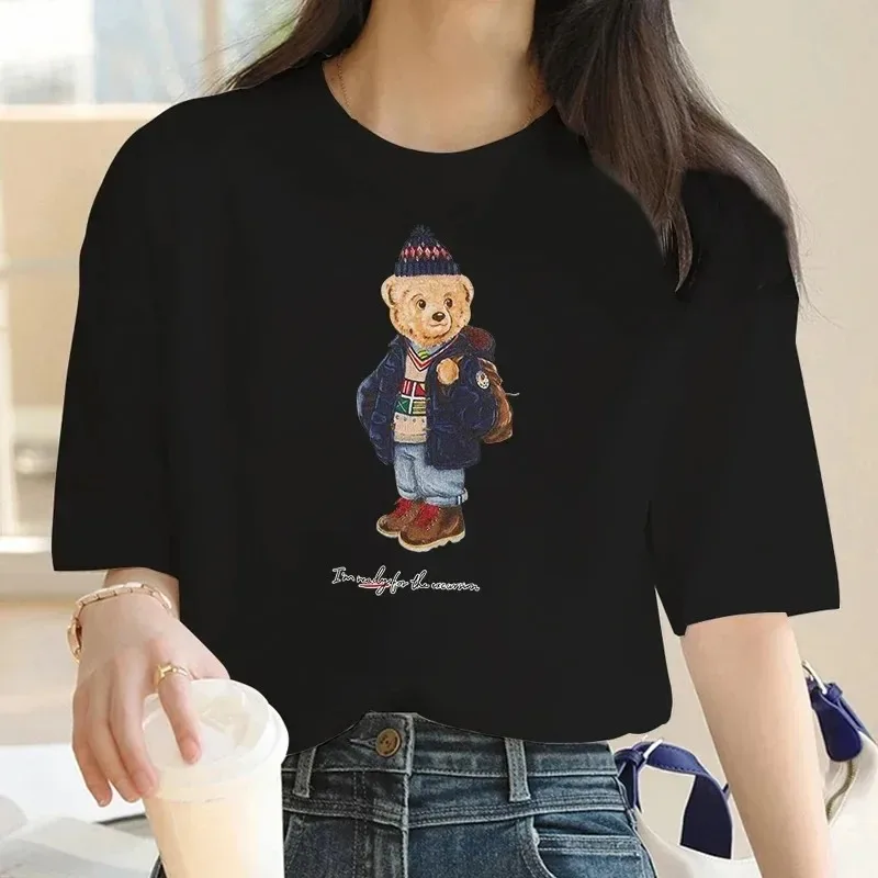 2024 Luxury Brand Summer Print T-shirt Plus Size Bear for Women\'s High-Quality Cotton Casual Oversized Personality Sleeve O-neck