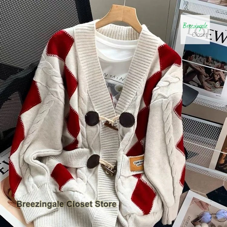 한국 스타일 캐주얼 패션 루즈 니트 가디건 여성 가을 겨울 신상 플러스 사이즈 분위기 있는 조커 스웨터 가디건 여성용