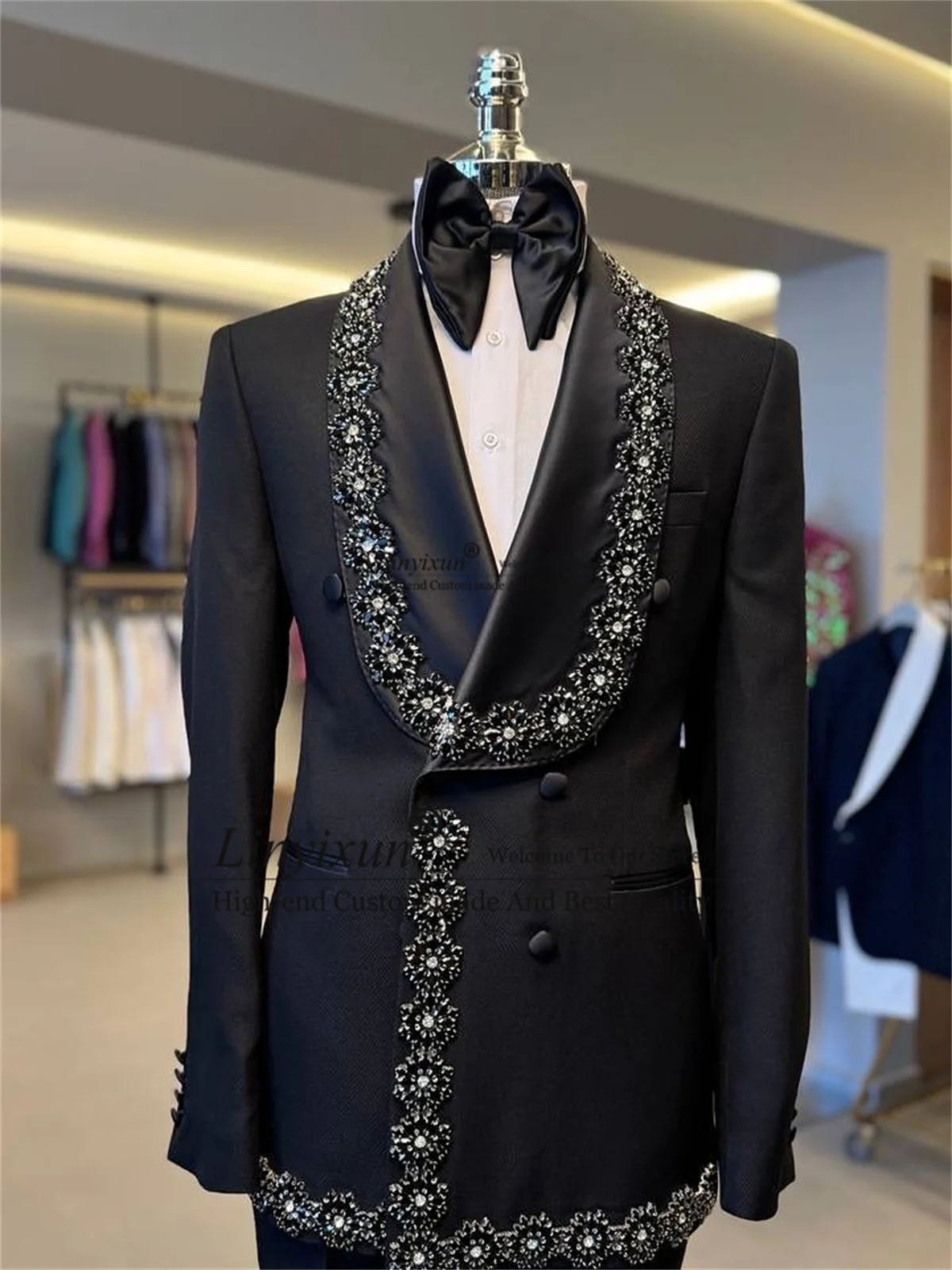 

Sparkly Rhinestone Diamond Wedding Suits For Men 2 Pieces Sets Groom Male Blazers Customized Double Breasted Tuxedos Ropa homre