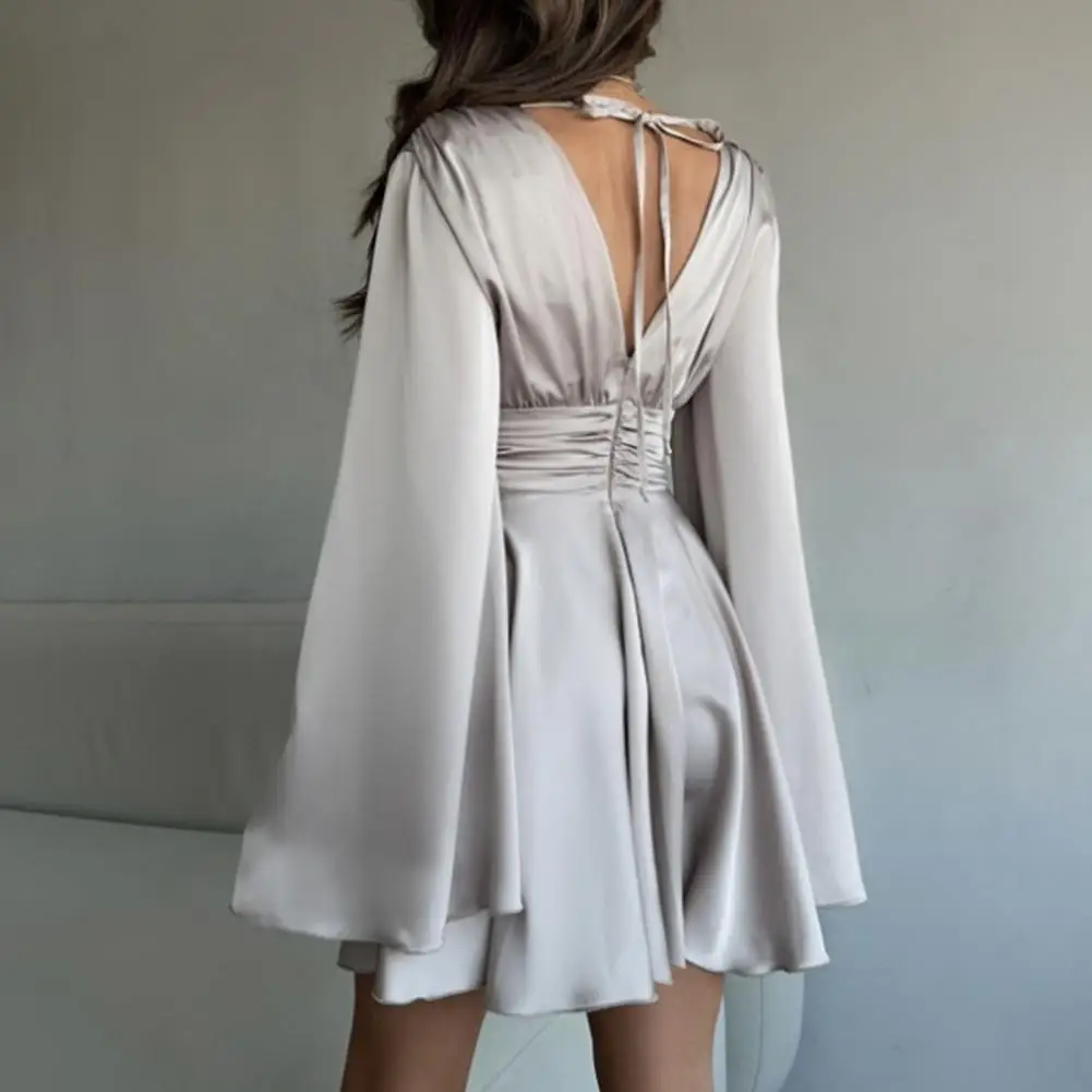 Large Size Women's Clothing New V-neck Waist A-shaped Skirt Kinked Solid Color Short T-shirt Flowy Dress For Club Cocktail Party