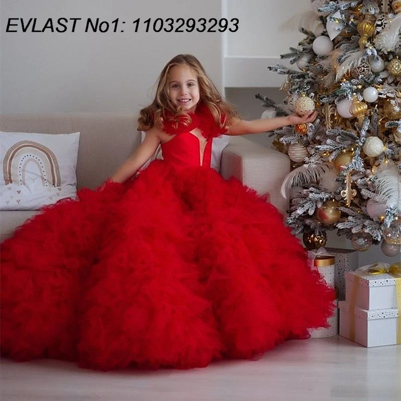 EVLAS Customized Princess Red Flower Girl Dress For Weddings Tulle Ruffles Tiered Girls Pageant Gown Birthday Party Dress TFD190
