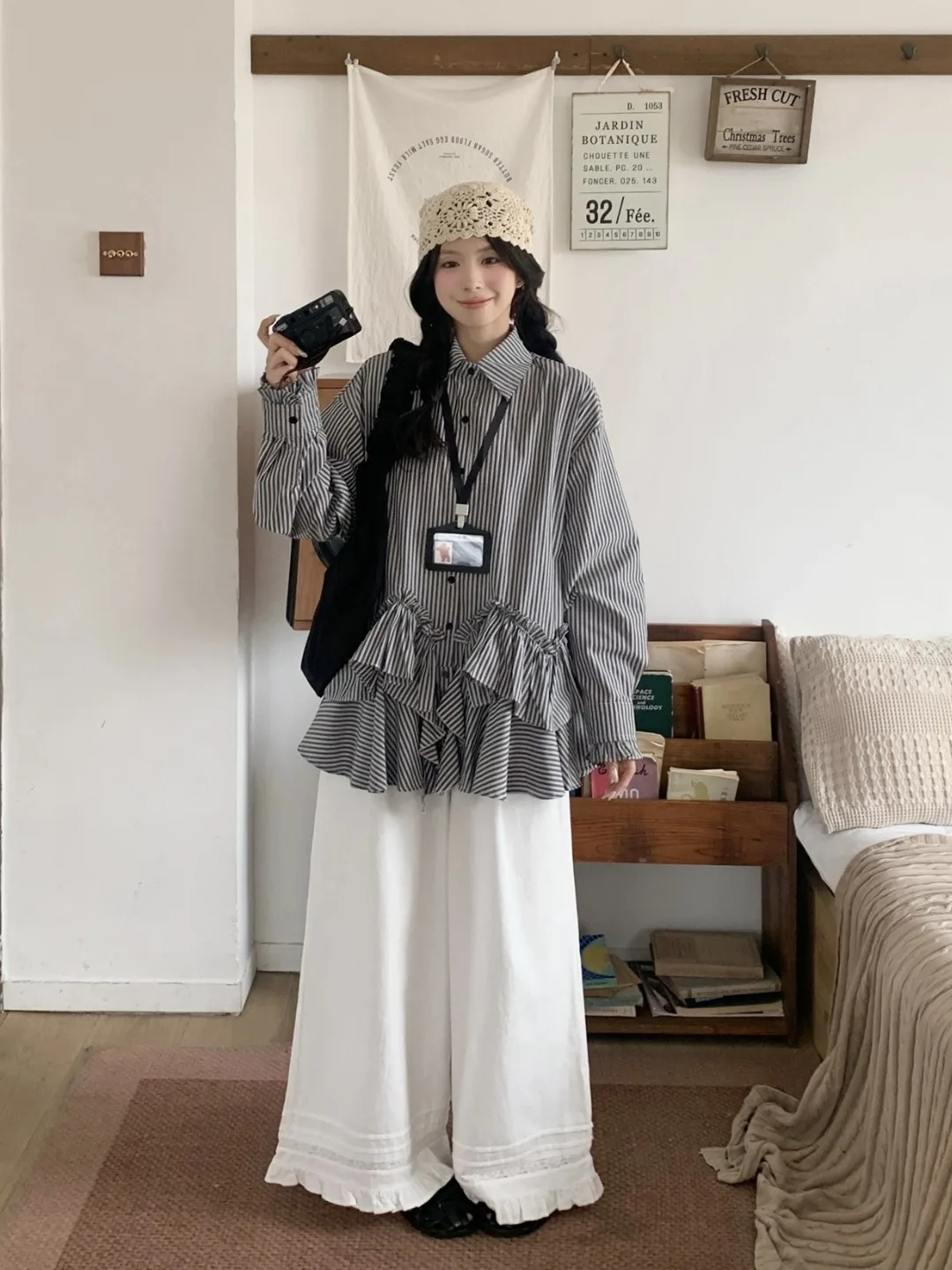 

Женский комплект в ретро-японском стиле: полосатая рубашка с длинным рукавом и брюки с цветочным принтом на высокой талии, летняя новинка, модный набор для полных женщин.