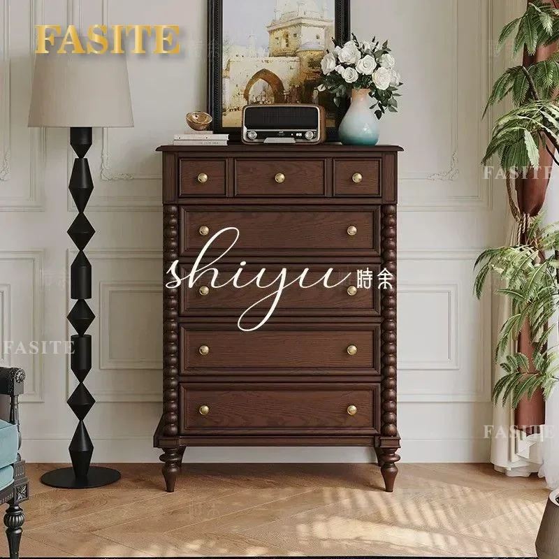 French Medieval Solid Wood 7 Drawer Chest Cabinet Retro Bedroom Nightstand Storage Locker Living Room Entryway Wall Unit