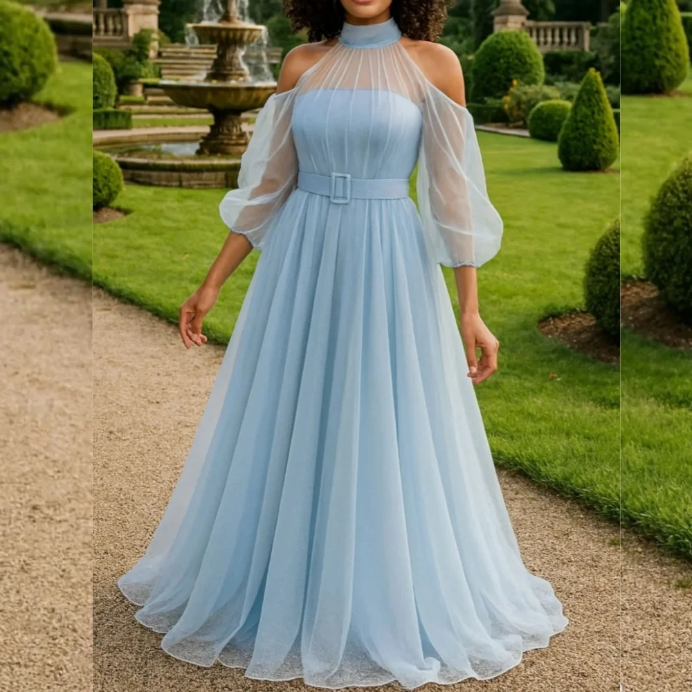 

Customized Classic Exquisite Net Sash Pleat A-line High Collar Long Dresses Bespoke Occasion Fashion Formal
