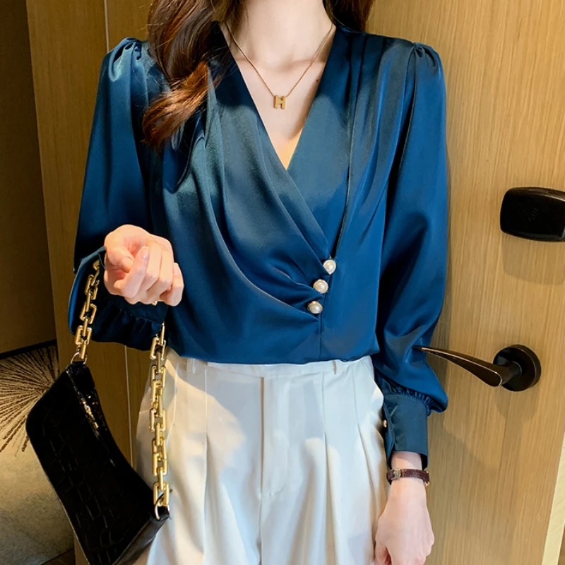 

Sexy Womens Blouses 2023 Satin Fashion V-neck Long Sleeve Blouse Solid Elegant Button Folds Basic Beautiful OL Top Women Clothes