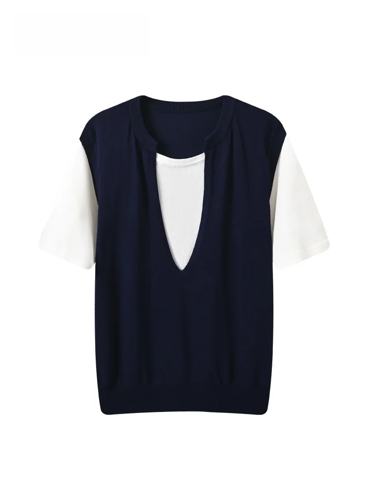 

Summer New plus Size Women's T-shirt Short Sleeve Patchwork Casual Style Polyester Knitted Top for Younger Looking College Style