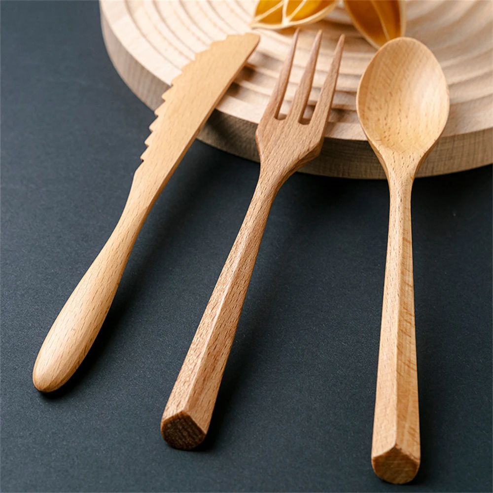 3Pcs Wooden Tableware Set Home Kitchen Cooking Fork and Spoon Natural Teak Table Knife Western Restaurant Coffee Spoon Tool Gift