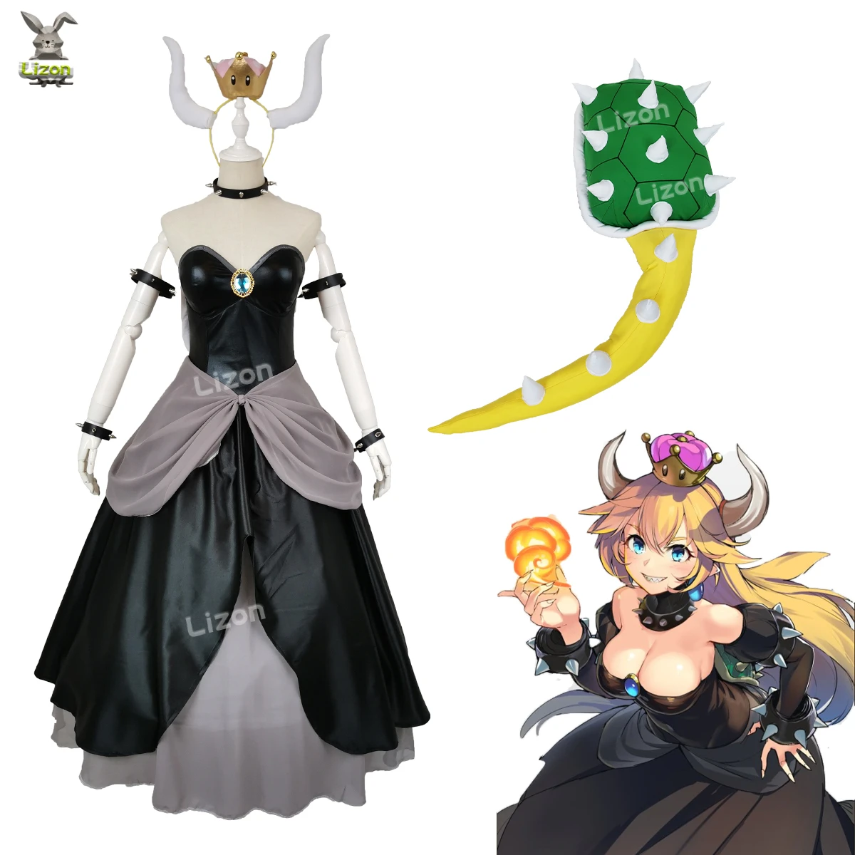 Bowsette Princess Bowser Peach Saber Lily Cosplay Costume Dress Set with Horn and Turtle Shell Halloween Costumes for Women