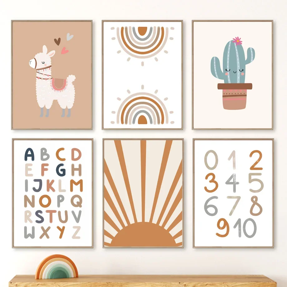 

Bear Rabbit Alpaca Cactus Rainbow sun Number Alphabet Education Canvas Poster Prints Wall Art Pictures Cute Baby Kids Room Decor