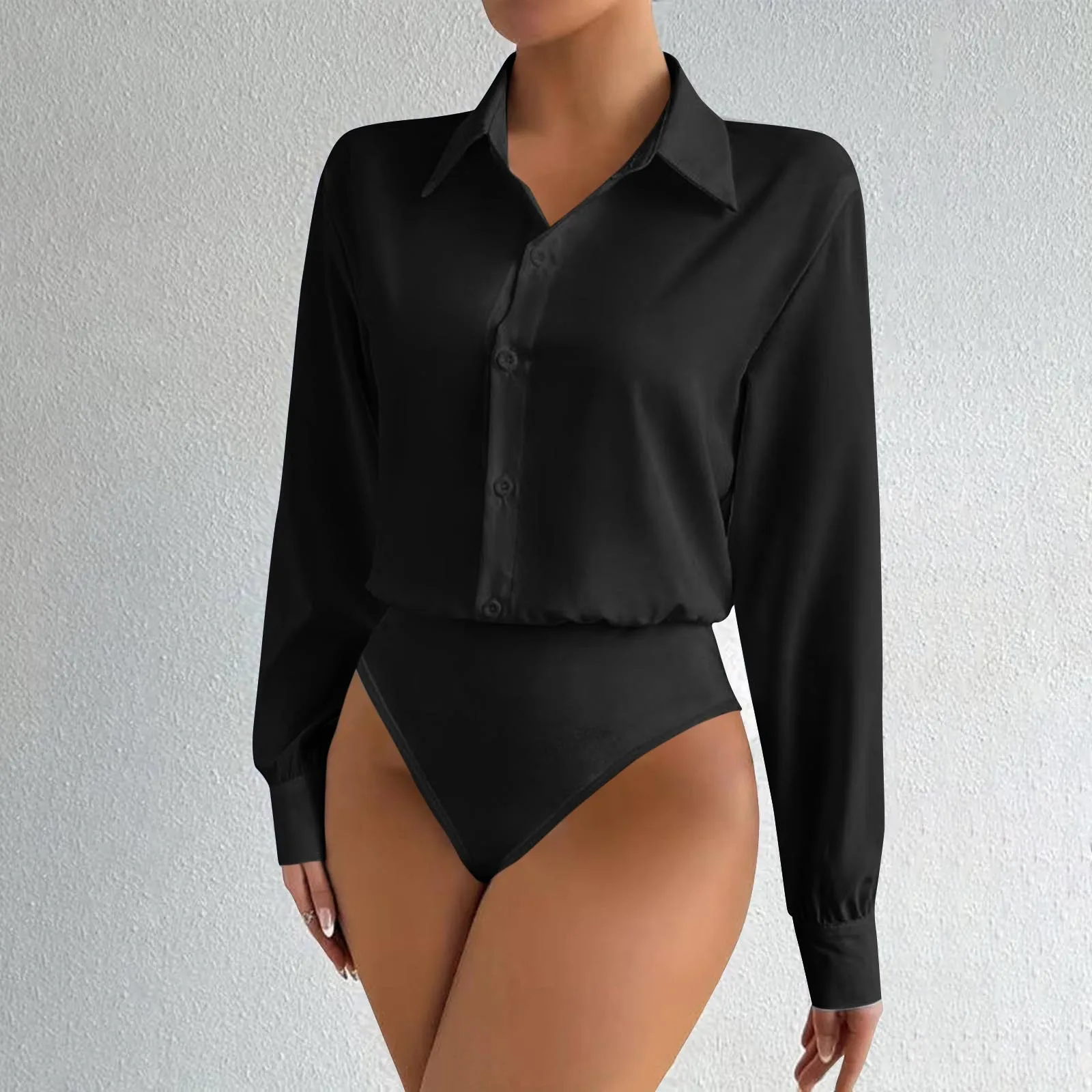Damen Satin-Hemdbluse mit Oversized-Reverskragen, Knopfleiste, Langen Ärmeln, Seidiger Bluse-Body, Elegantes Büro-Outfit, Jumpsuit-Oberteil – Detail 3
