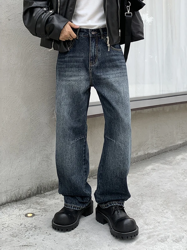 

American High-End Retro Men's Jeans Autumn Winter Casual Loose Fit Long Pants Knife Sle Durable Denim mid Waist Zipper