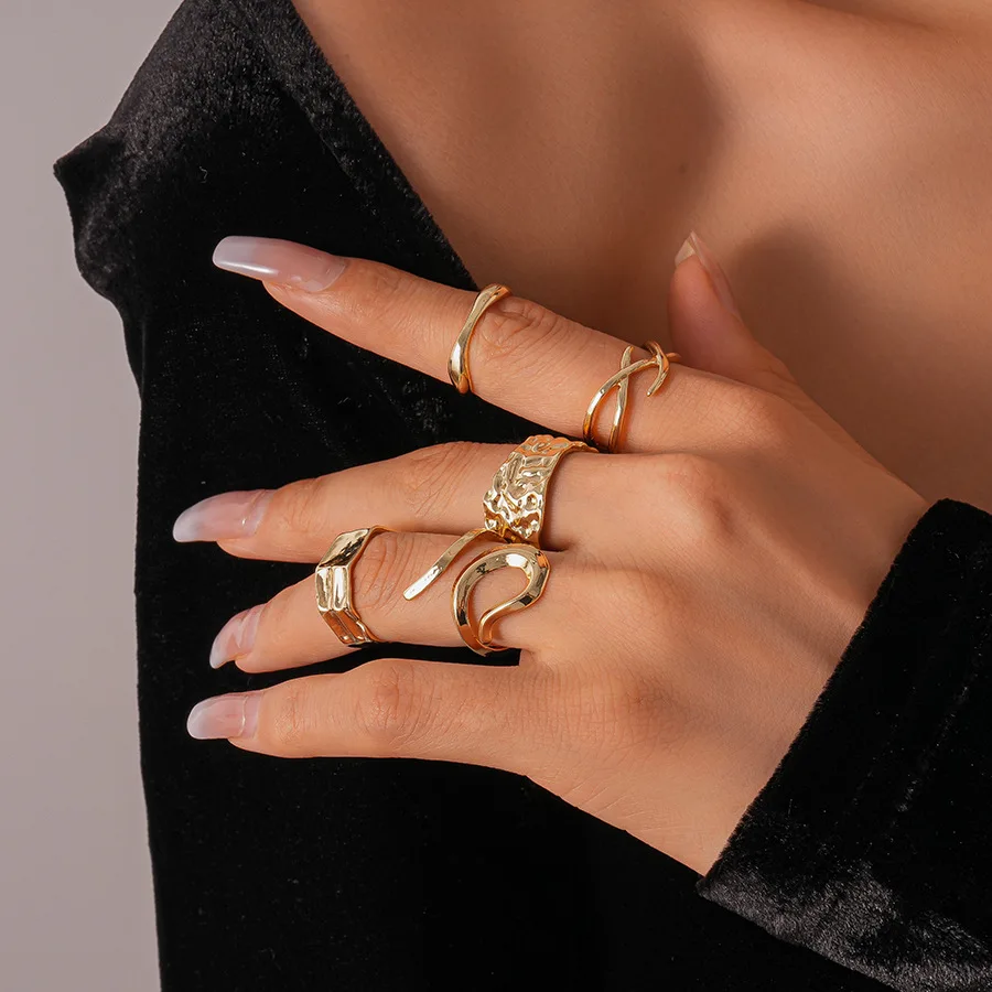 5pcs Irregular Geometric Double Layer Open Ring for Women Metal Style Classic Adjustable Finger Ring Daily Jewelry Accessories K