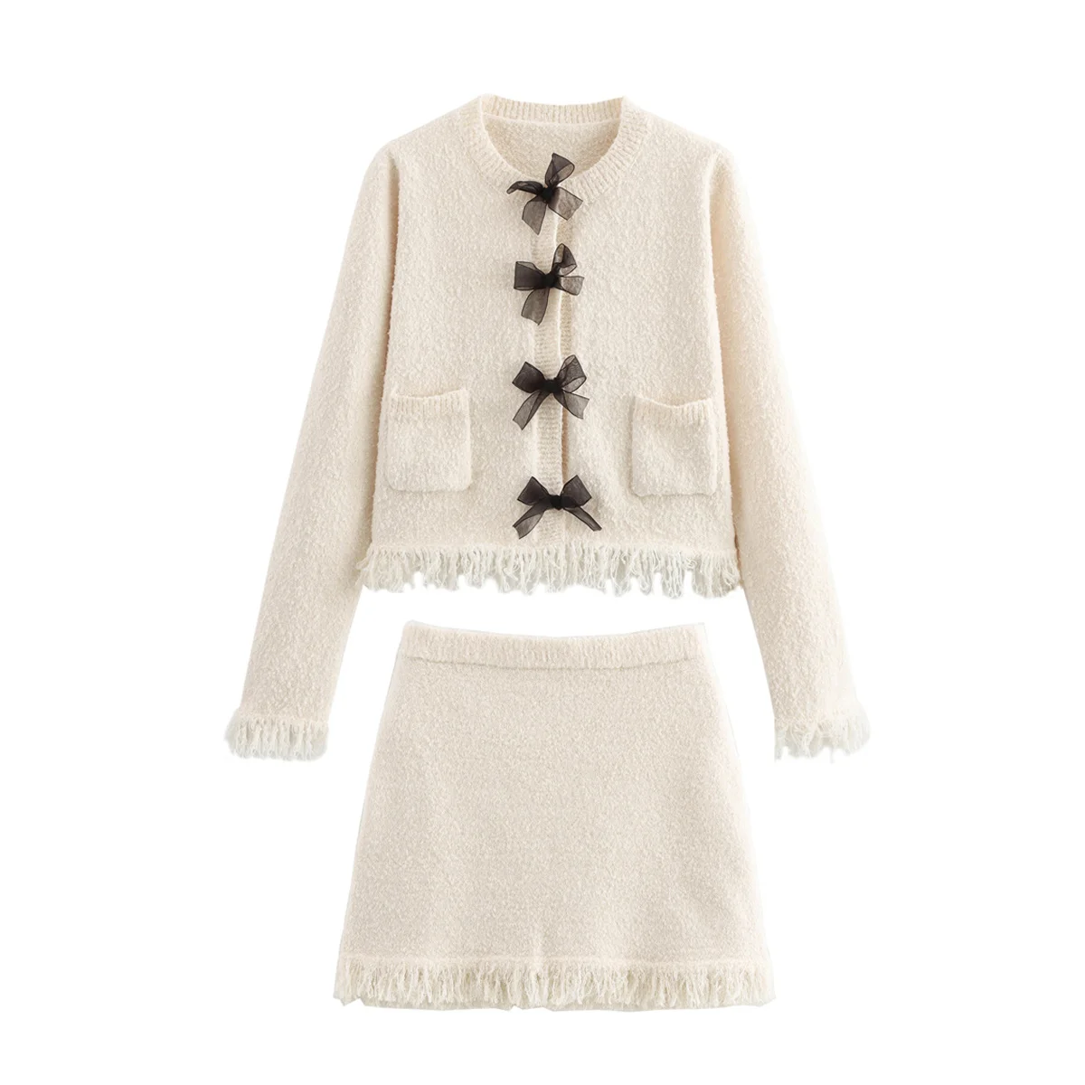 French Chanel style knitted suit for women bow tie knitted cardigan with knitted hip skirt