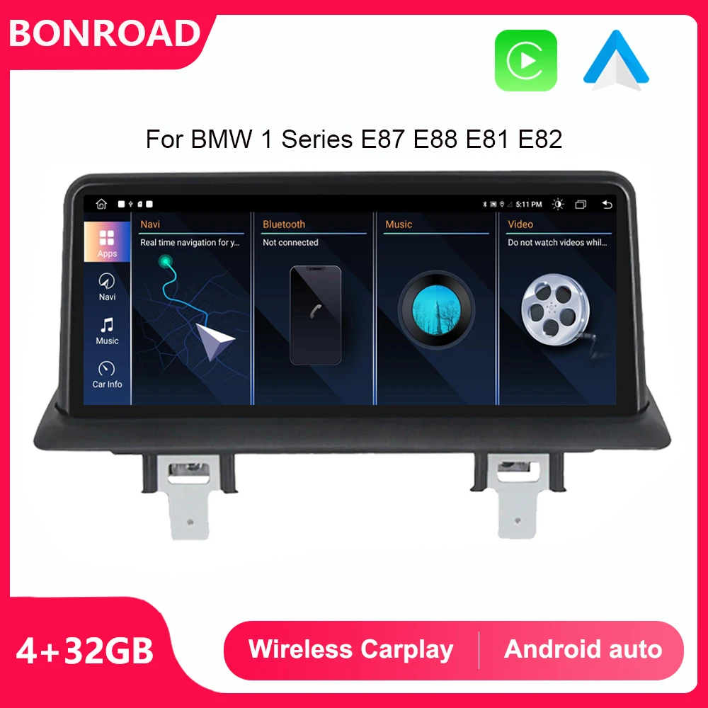 BONROAD Car Multimedia Radio Player Wireless CarPlay For BMW 1 Serie E81 E82 E87 E88 Headunit Touch Screen Bluetooth Auto Video