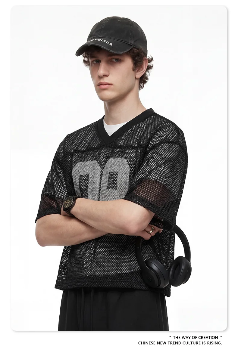 Sommer Herren Mesh Sport T-Shirt V-Ausschnitt Kurzarm Gestapeltes Hohlmuster-Tee-Shirt Locker Geschnittenes Boxy Football-Trikot Übergroße Kleidung – Detail 12