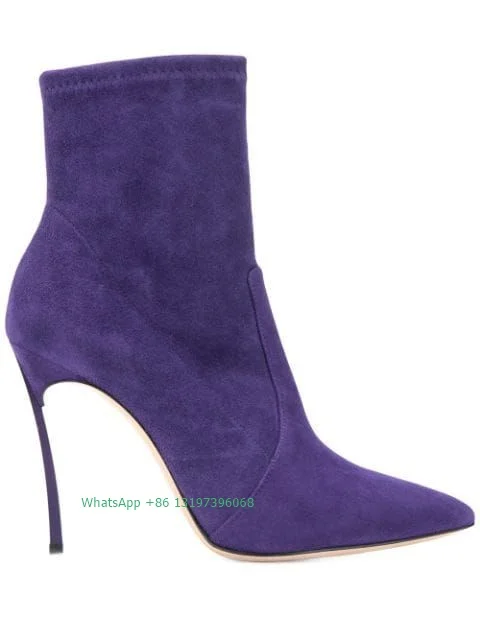 Lady dark purple ankle boots  sexy pointed toe suede blue stiletto high heels large size fashion dress boots footwear