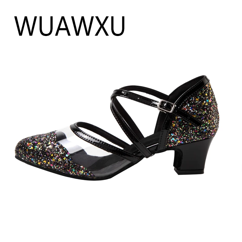 WUAWXU zapatos de baile latino para mujer, zapatos de baile estándar nacional, zapatos de baile cuadrados para fiesta, tela flash en blanco y negro,