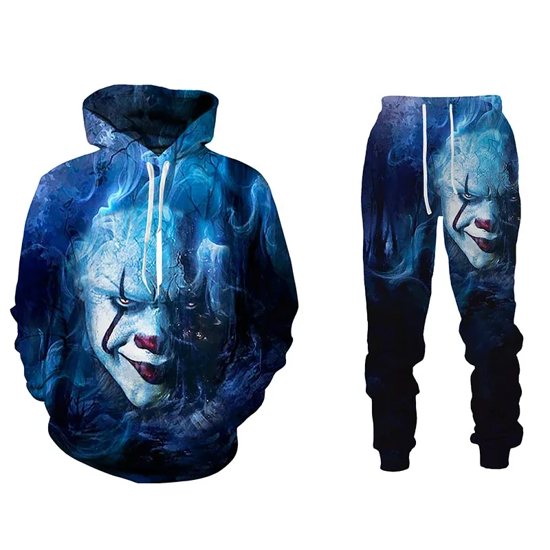 Sweat à capuche imprimé clown de film d'horreur 3D d'Halloween, surintendant ser, pull drôle imbibé, ensemble de sweat-shirt, vê