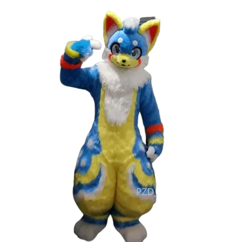 Husky Fursuit Curved Leg Dog Mascot Costume Multicolor Long Haired Canine Fursuit