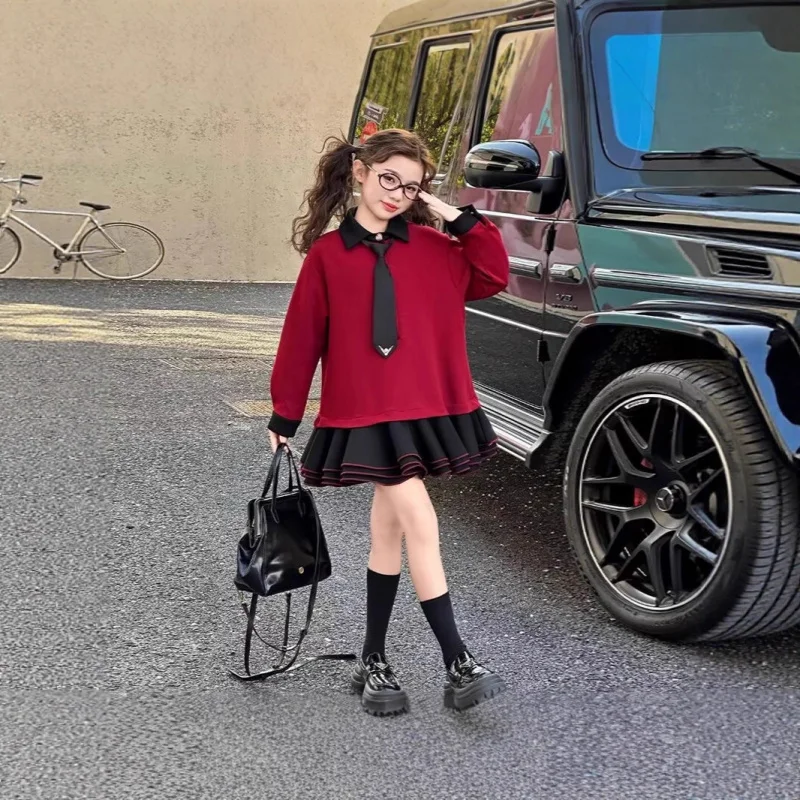 

2025Girls' College Style Dress Autumn Winter New Fashion Solid Color Stylish Patchwork Puff Princess Dress