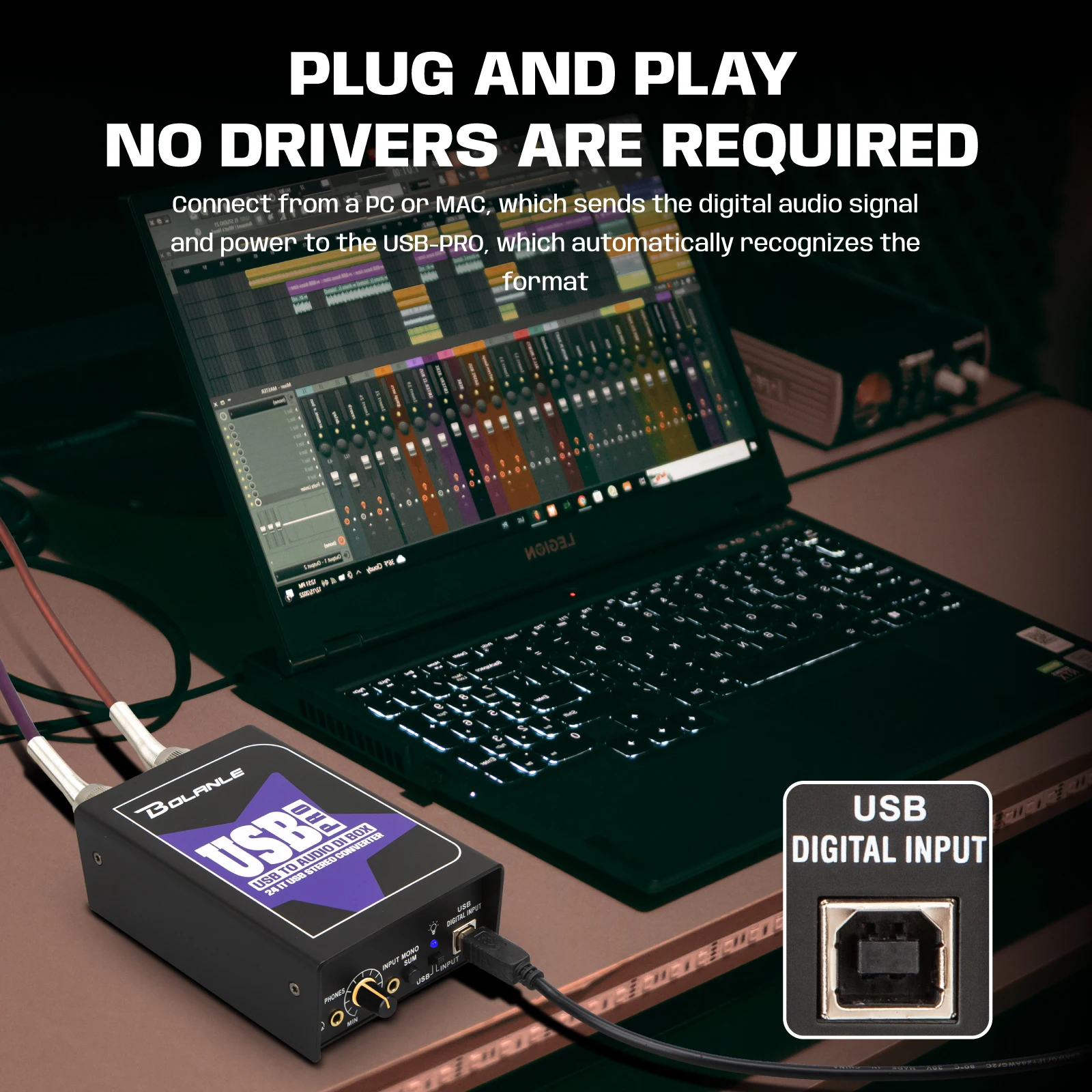 볼란레 USB 프로 스테레오 다이렉트 박스 XLR 오디오 인터페이스 24-192kHz 그라운드 리프트 (PA, DJ, 라이브 공연용)