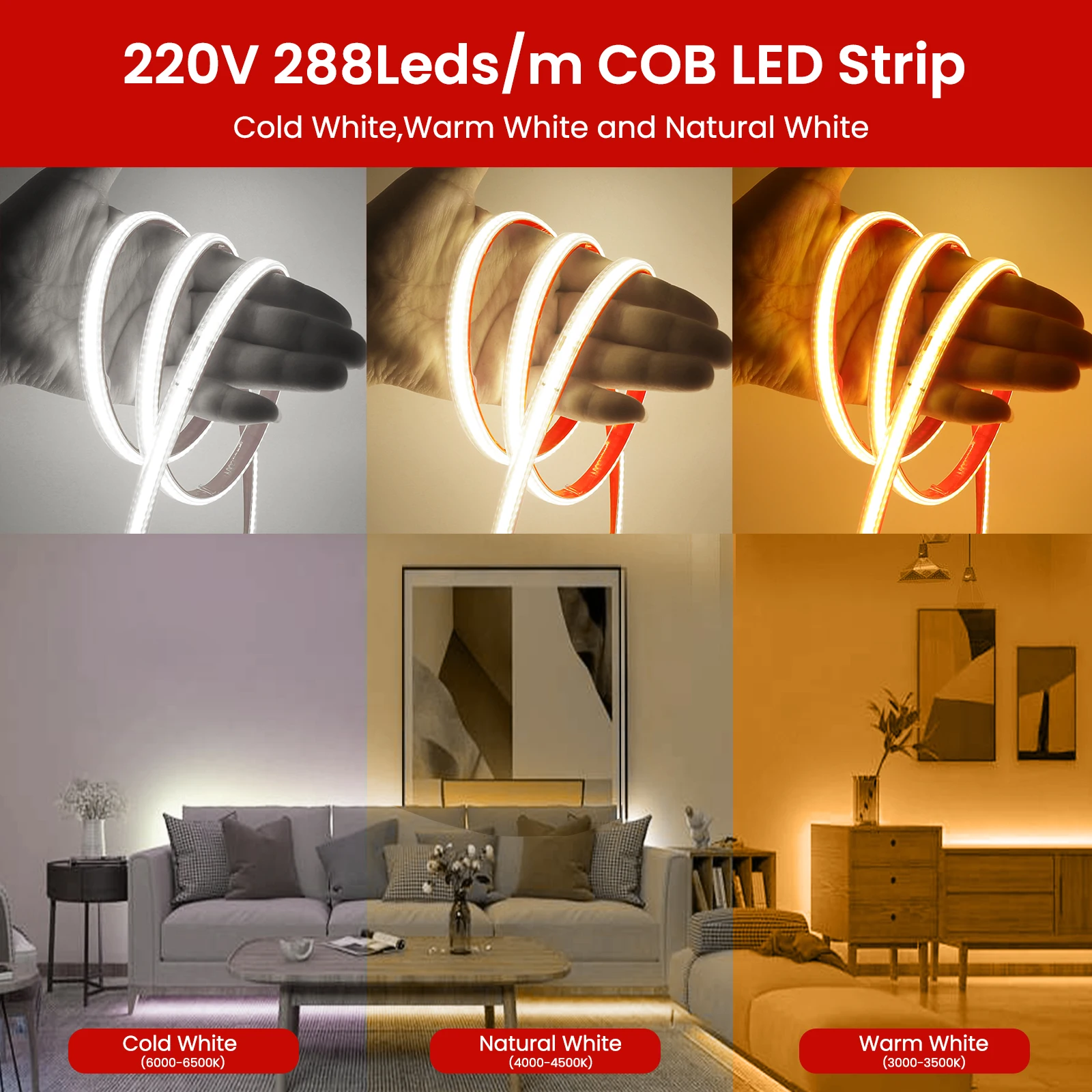 Luz de tira LED COB regulável com fita adesiva, Fita LED flexível RA85, Iluminação exterior para casa, 220V, 288LED por m, 3000K, 4000K, 6000K