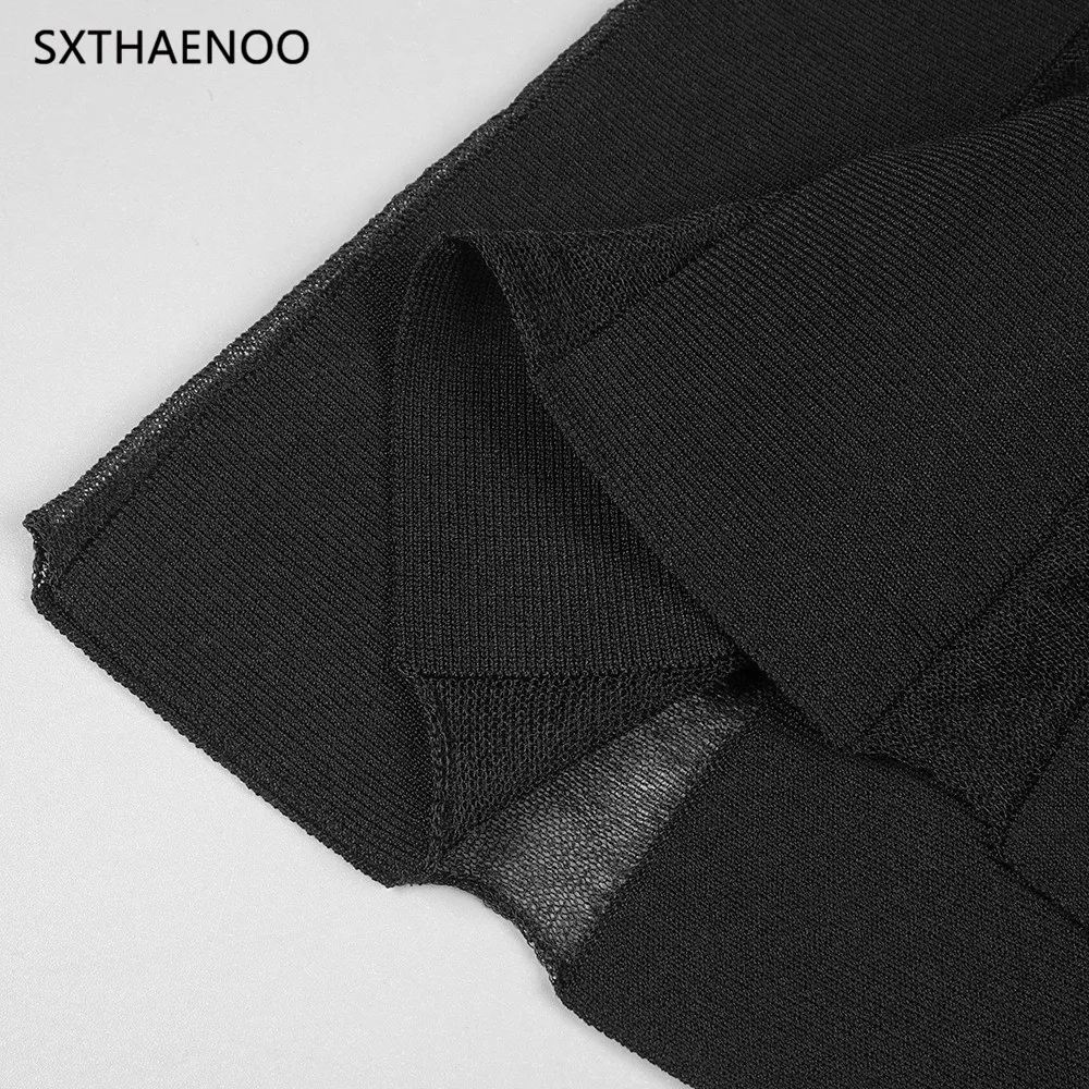 SXTHAENOO Moda sexy scollo a V profondo maglia trasparente patchwork fasciatura pista backless discoteca abito da festa lungo con reggiseno staccato2025