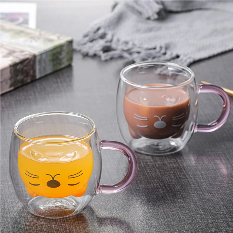 1/2pcs Cute Cat Mugs With Handle Glass Double Wall Insulated Glass Espresso Cup Coffee Milk Mug Gift