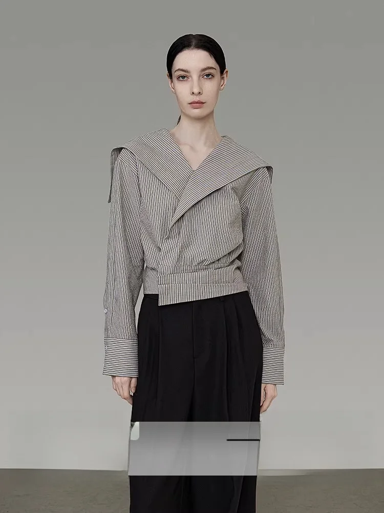 

Naval Collar Striped irt Women's Ele Design Spring Faion Long Sve Top Breathable Cotton Casual Businwear