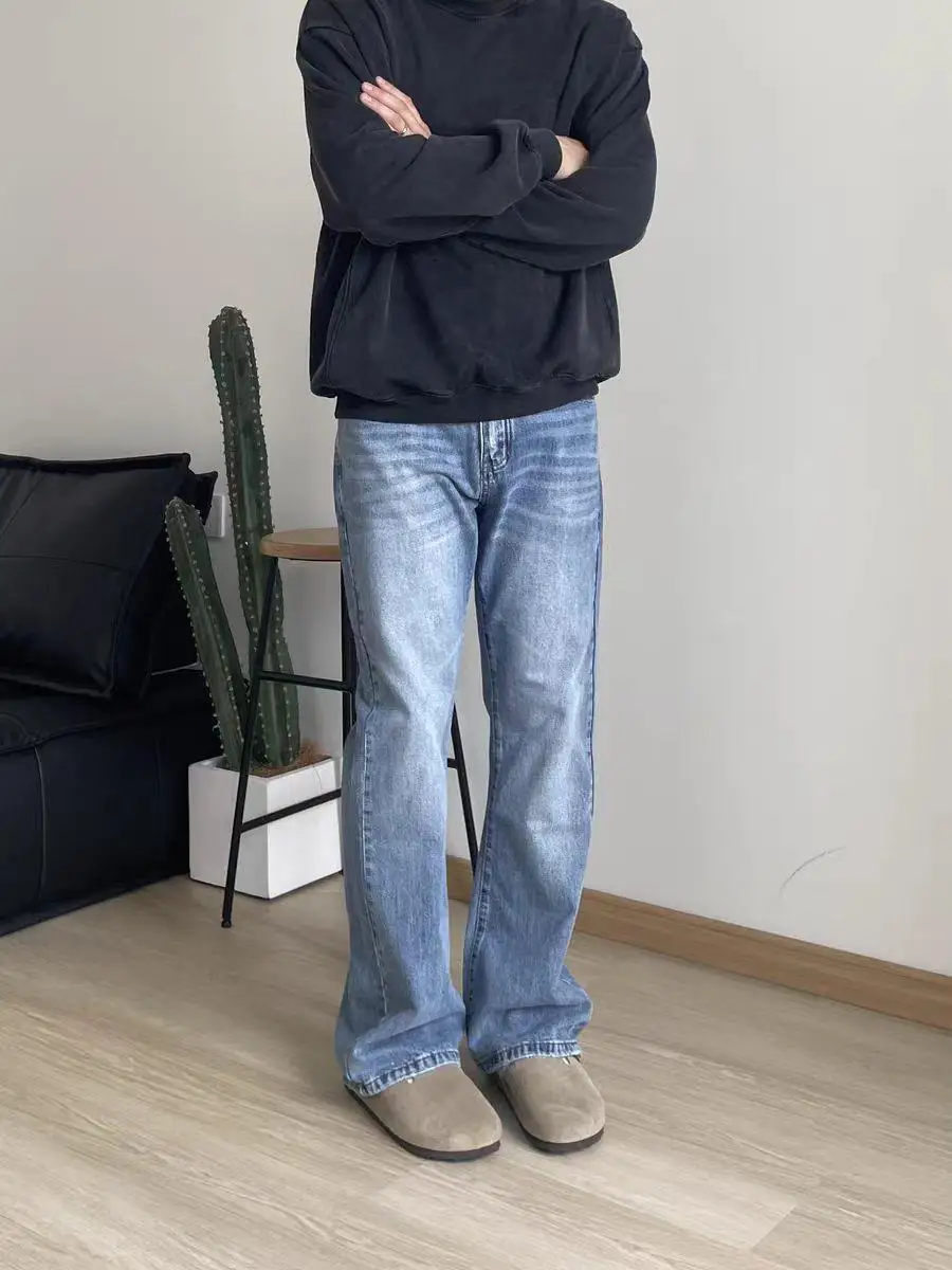 

Мужские джинсы с талией в стиле ретро в американском стиле ледяного синего цвета, расклешенные джинсы CleanFit High Street, узкие прямые джинсы, повседневные джинсовые джинсы