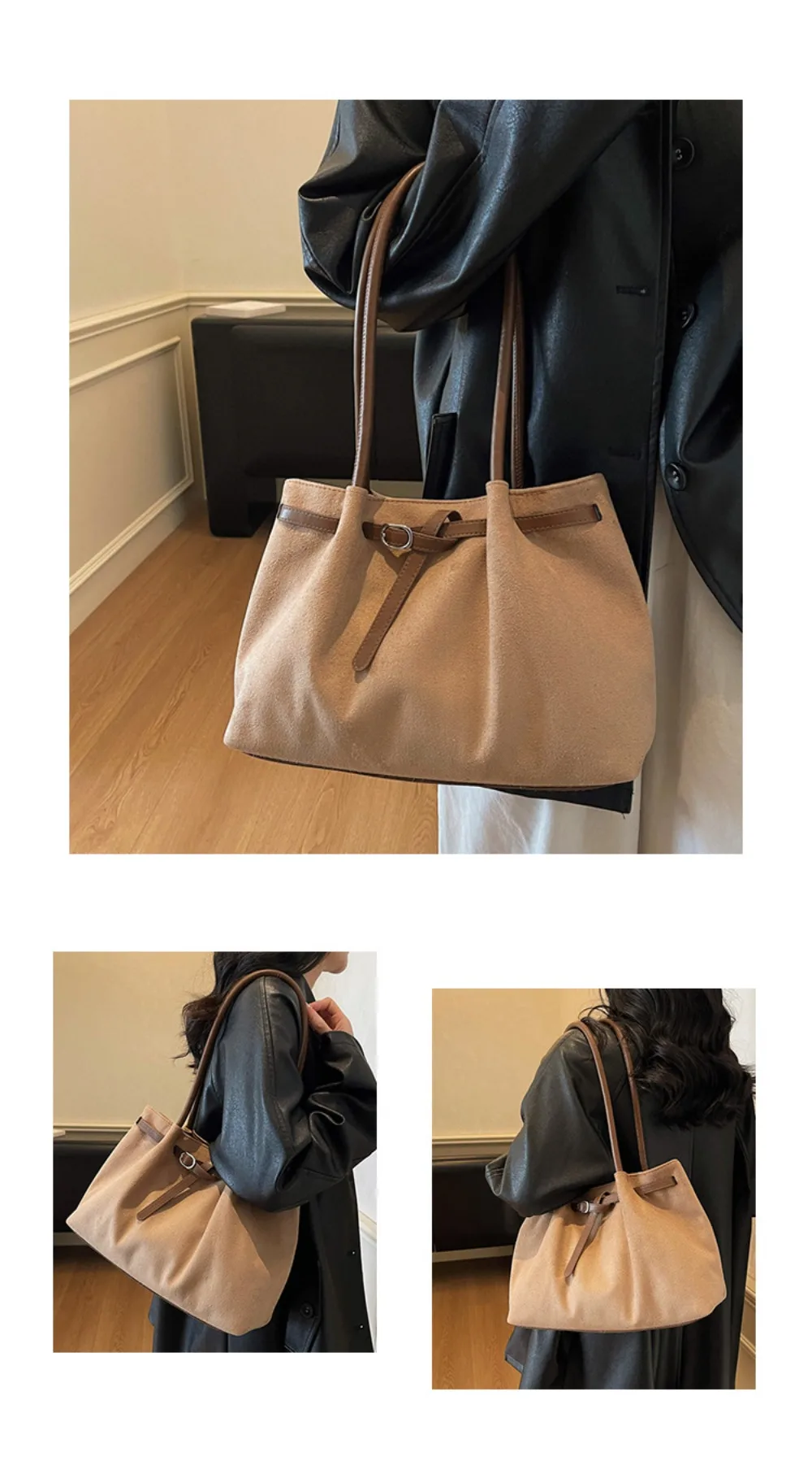 Elegante Wildleder-Umhängetasche mit großem Fassungsvermögen, Retro-Handtasche, einfarbig, erhältlich in 4 Farben, Pendler-Tragetasche, Schule/Reisen/Arbeit – Detail 2