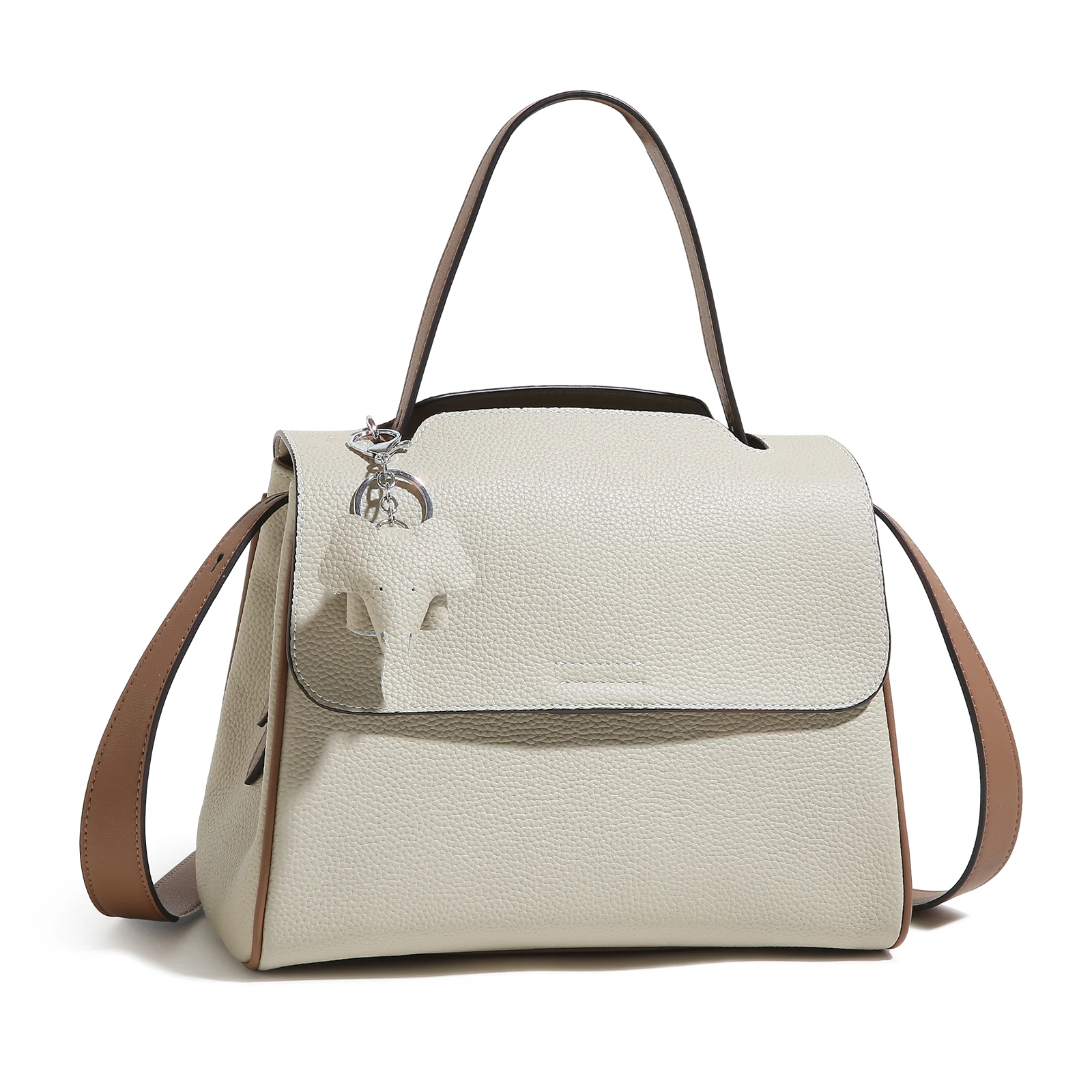 ITAMOOD Genuine Leather Women\'s Shoulder Bag Adjustable Strap Multi-Pocket Large Capacity Commuting Crossbody Bag with Pendant