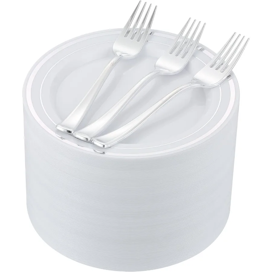

200pcs Silver Dessert Plates with Forks for 100 Guests 100pcs 7.5 Disposable Silver and White Small Plates with 100pcs 7.4 Fork