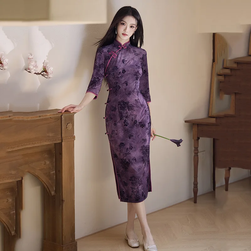 

Элегантные женские платья-ципао в китайском стиле с воротником-стойкой для весны и осени