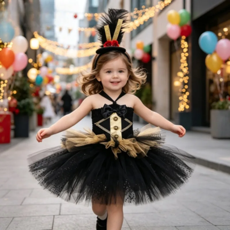 

Children's Circus Trainer Costume Set, Girls' Black Fluffy Mesh Skirt, Halloween Party Stage Performance Outfit with Headband