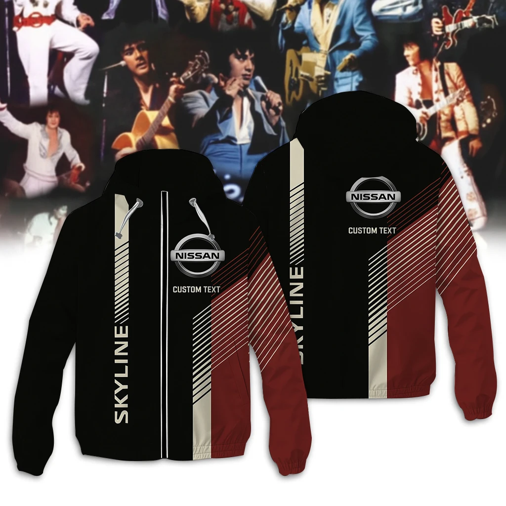2025 Men's New Nissan Theme Zipper Hooded Jacket with Black, Red, and Beige Splicing, 3D Brand Logo Printed Fashion Jacket