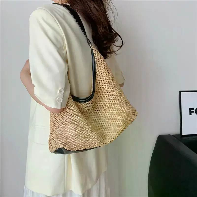 Woven Bag Casual Bucket Bag Straw Underarm Bag Large Capacity Solid Color Shoulder Bag Women Commuting Shoulder Bag