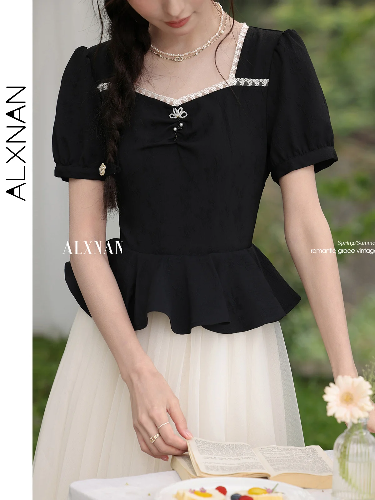 ALXNAN Lange damesjurk Elegant Zwart Wit Patchwork Midi-jurk 2025, Zomervakantie A-lijn Casual Dameskleding Nieuw L55667