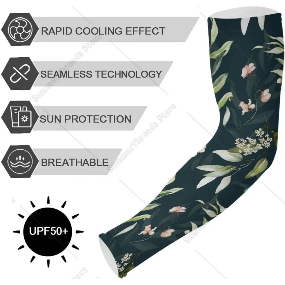 Ärmel mit Blumen und grünen Blättern, Armschutz für Damen und Herren, Frühlingsblumen, kühlende Sonnenschutz-Armmanschette, 2er-Pack