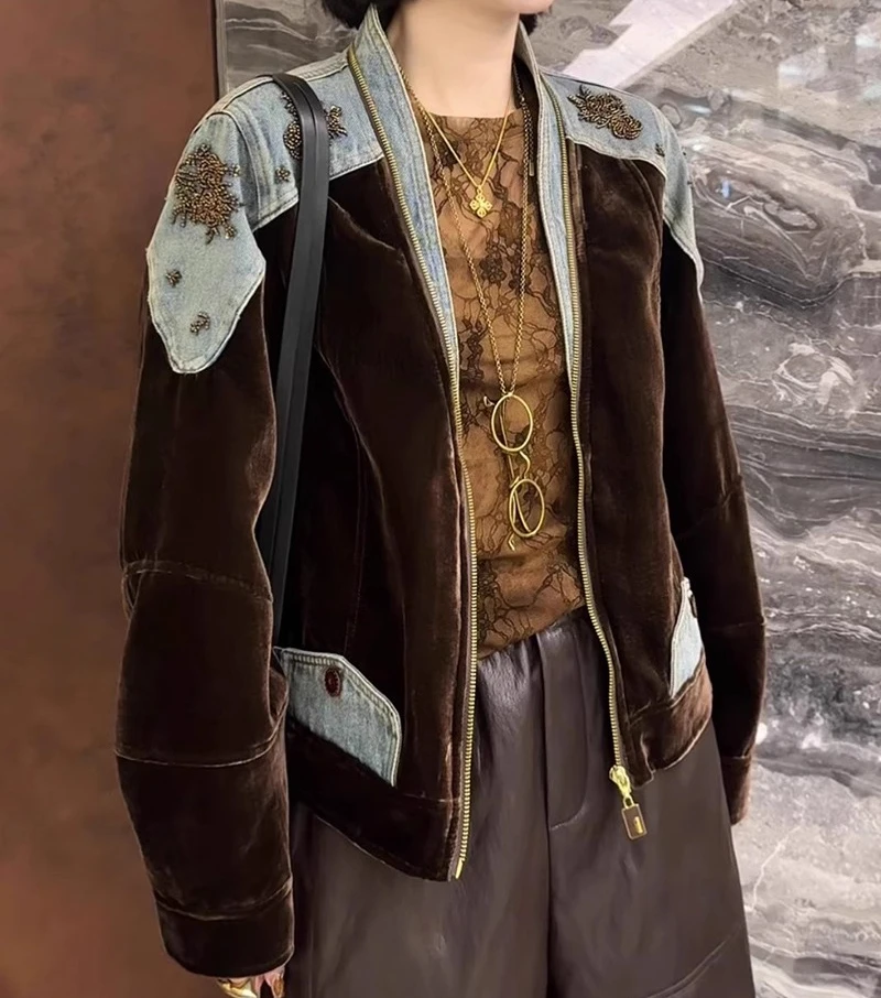 

Винтажное бархатное пальто, куртка для женщин, осенняя лоскутная джинсовая куртка на молнии с длинными рукавами, элегантная верхняя одежда с вышивкой бисером, пальто